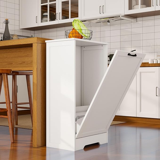 10 Gallon Tilt Out Trash Cabinet, Modern Tilt Out Laundry Hamper Cabinet, Wooden Hidden Trash Can Cabinet with Lid for Bathroom, Living Room, Laundry Room, White