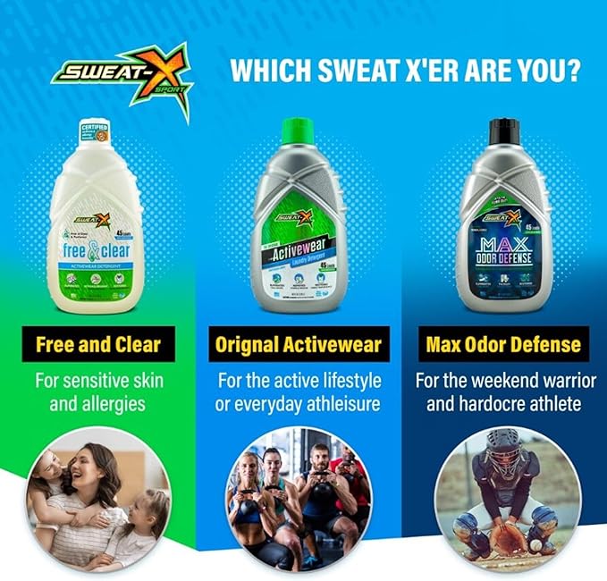 Sweat X Original Max Odor Defense Laundry Detergent – Remove the Worst Odors & Toughest Stains – High Performance Sports Wash for Training Gear & All Fabric Types – 45 Loads/Bottle – 2 Pack