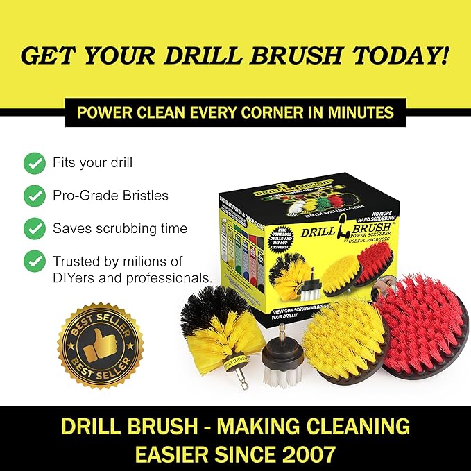 Drillbrush Drill Brush Attachment Set – Power Scrubber Brush for Tub, Tile, Shower, and Grout – All-Purpose Household Cleaning Brushes for Drill, Auto Detailing Brushes - Electric Grout Cleaner Kit