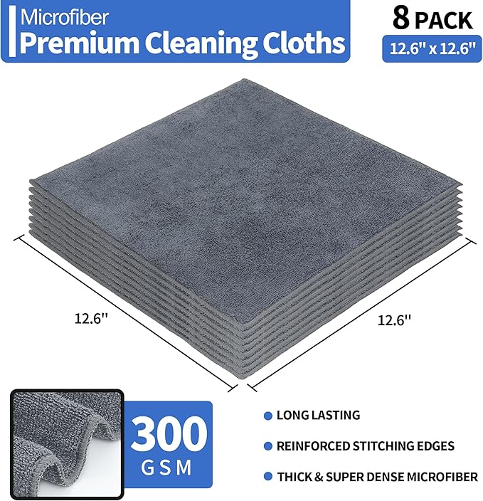 HOMERHYME Microfiber Cleaning Cloths, 8 Pack Cleaning Rags, Lint-Free 300GSM Microfiber Towels Bulk Absorbent Washcloths, All-Purpose Cleaning Towels for Household Kitchen Shop Garage 12.6" x 12.6"