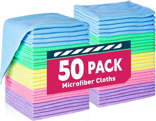 Microfiber Cleaning Cloths-50 Pack, Microfiber Towels Bulk, Towels for Cars & Home, Cleaning Rags 5 Colors Assorted (12x12 inches)