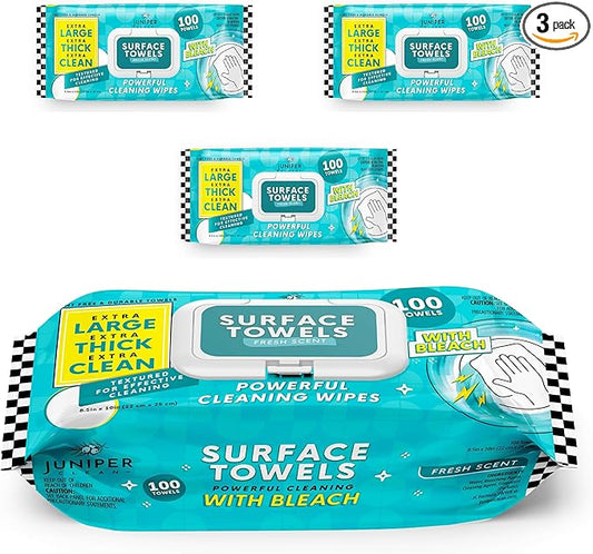 3 Packs Surface Wipes with Bleach, Thick & Large Dispose, All-Purpose Cleaner for Bathroom, Kitchen, Office, 300 Count Soft Flow, Biodegradable, Fresh Scent