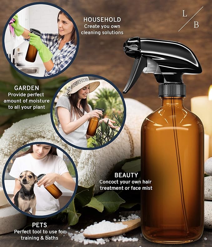 LiBa Amber Glass Spray Bottles 2 Pack, 16 oz Refillable Empty Spray Bottle for Cleaning, Essential Oils, Hair, Plants, Adjustable Nozzle for Squirt and Mist, Bleach/Vinegar/Rubbing Alcohol Safe