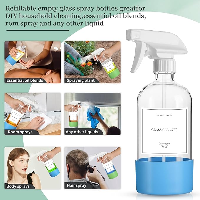 16oz Clear Glass Spray Bottles,6 Pack Glass Spray Bottles Refillable Empty Bottle with Adjustable Nozzle,Spray Bottle for Essential Oils,Cleaning,Pets,Hair Mister