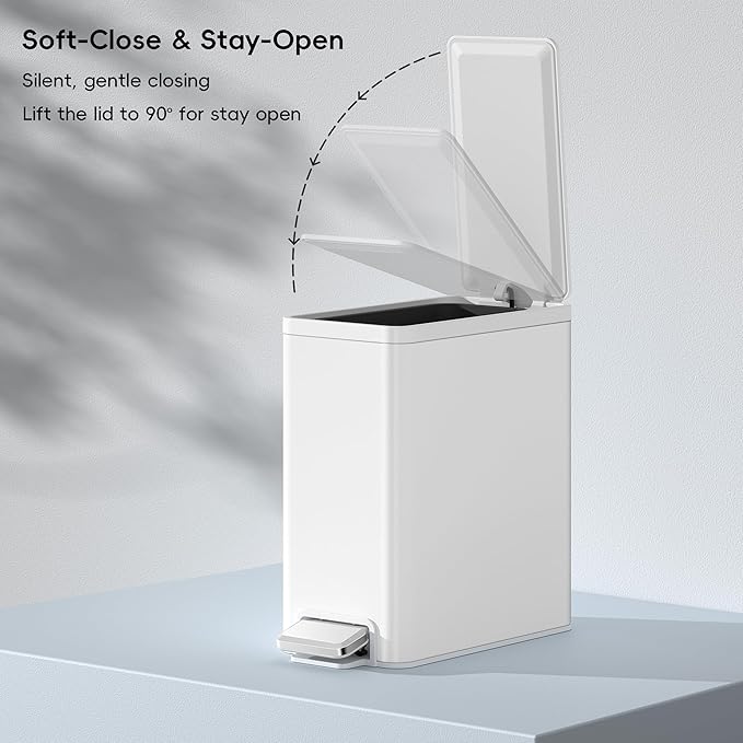 EKO Slim Small Bathroom Trash Can with Lid, Stainless Steel Small Garbage Can with Removable Inner Bucket, 6L / 1.6 Gal, Step On Trash Bin (White)