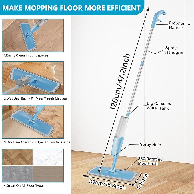 Spray Wet Mops for Hardwood Floors- MEXERRIS Microfiber Dust Dry Mop with 3 Microfiber Washable Pads Hard Wood Floor Mop with Sprayer Commercial Home Use for Wood Floor Laminate Ceramic Tiles