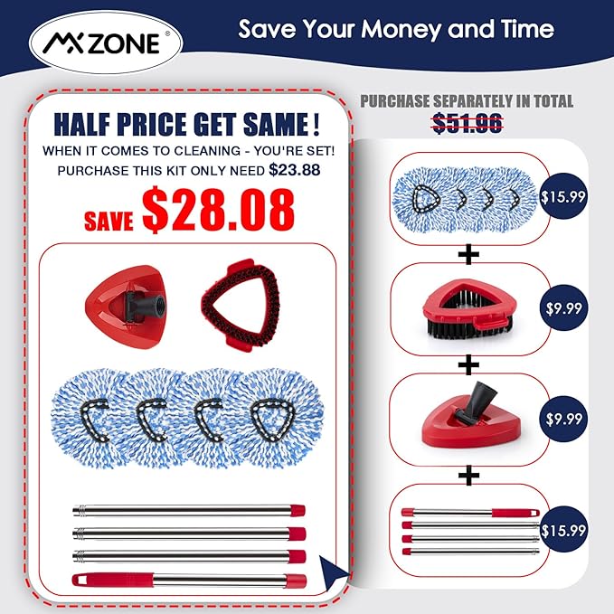 Spin Mop Head Replacement Base Handle Compatible with O Cedar Rinse Clean 2-Tank System, 4 Replace Heads, 1 Mop Handle, 1 Base and 1 Scrub Brush Combo Set