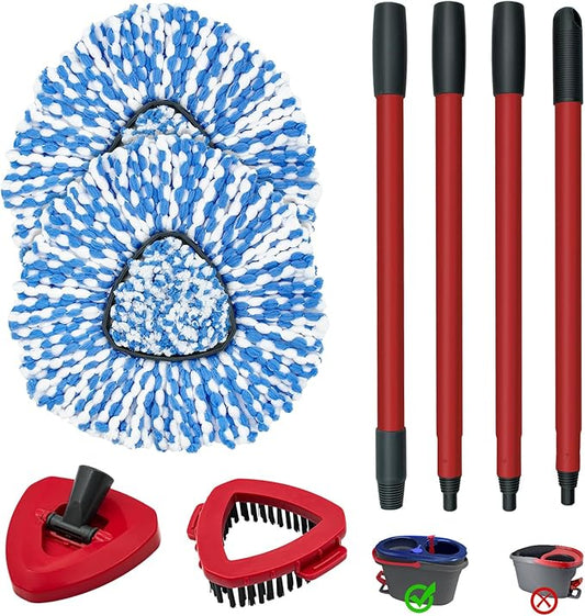 Spin Mop Handle,Mop Heads Replacements,Scrubber Mop Head and Mop Base Compatible with O-cedar RinseClean 2-Tank Spin Mop System,Mop Handle and Head Replacement Combo Set for Wet Dry Use Floor Cleaning