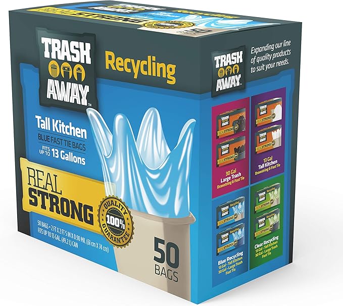 Heavy Duty Recycling Bags | Tall & Strong Bags for Home & Kitchen - (50 Ct, 13 Gallons) Large Trash Bags Paper, Plastic & Aluminum | Thick Recycle Bin Bags (Blue)