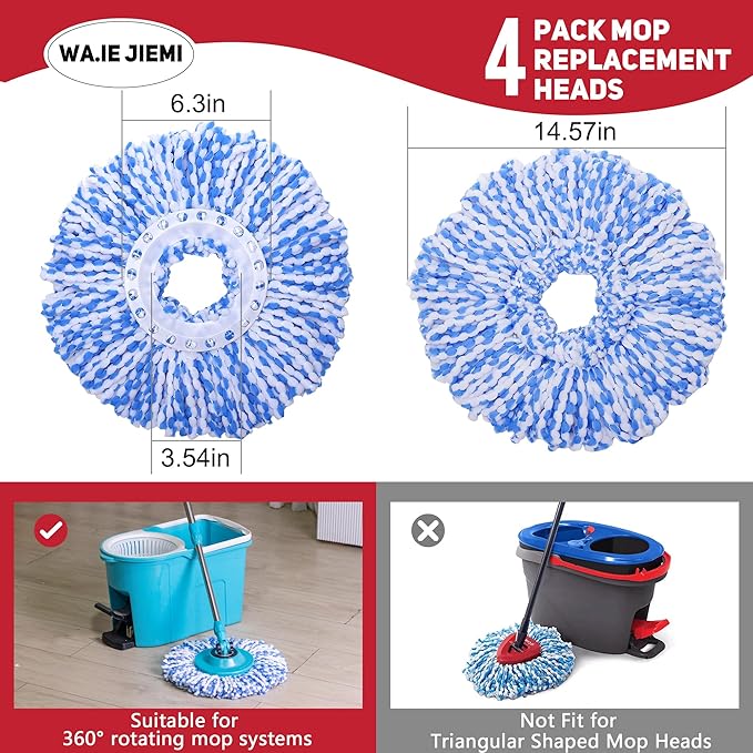 Mop Replacement Heads - 4-Pack Blue Microfiber Replacement Mop Heads Universal for 360°Spin Magic Mopping,Round Shape Standard Size