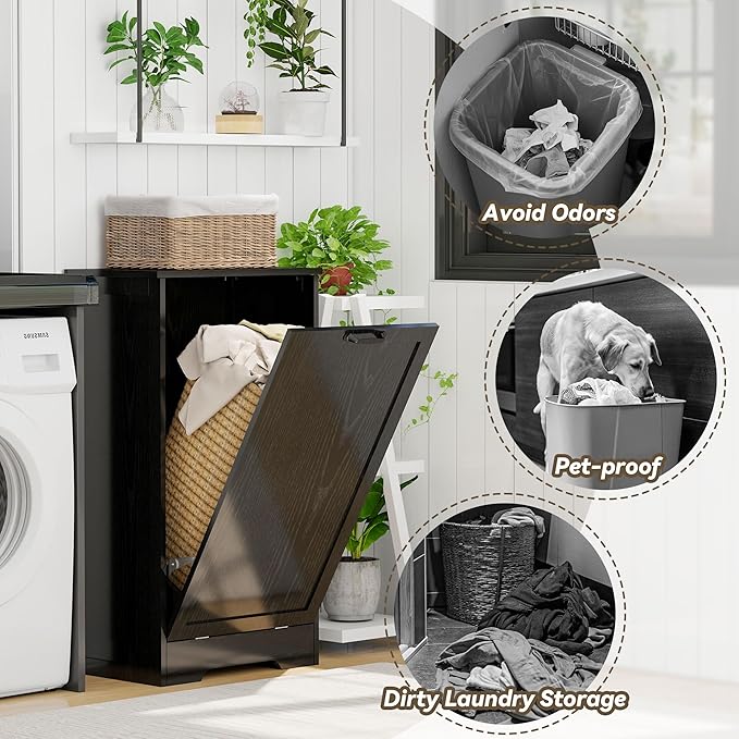 Tilt Out Kitchen Trash Can Cabinet, Pet Proof Wooden Kitchen Garbage Can with Lid, Hidden Laundry Basket Organizer, 10 Gallon Free Standing Bathroom Laundry Hamper Cabinet, Black