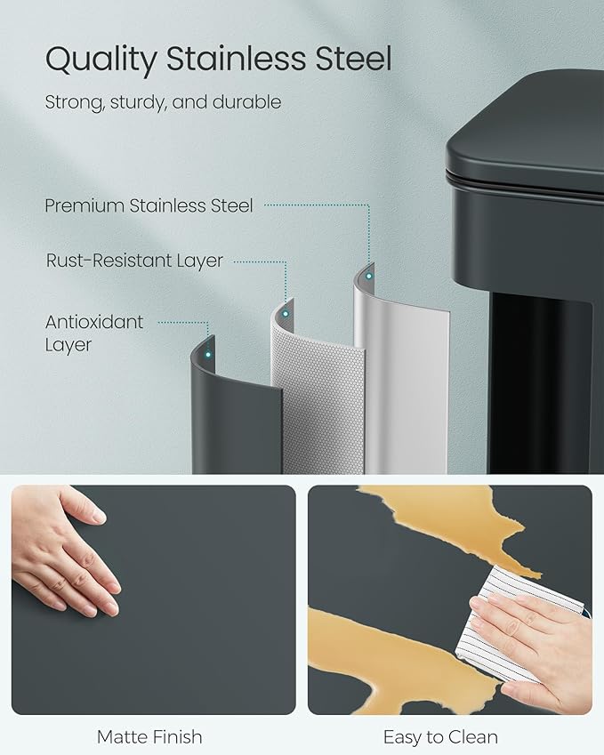 SONGMICS Kitchen Trash Can, 10.5 Gallon (40 L) Garbage Can, Large Step Trash Bin with Lid, Stainless Steel, Soft Close, 15 Trash Bags Included, Charcoal Gray ULTB540G01