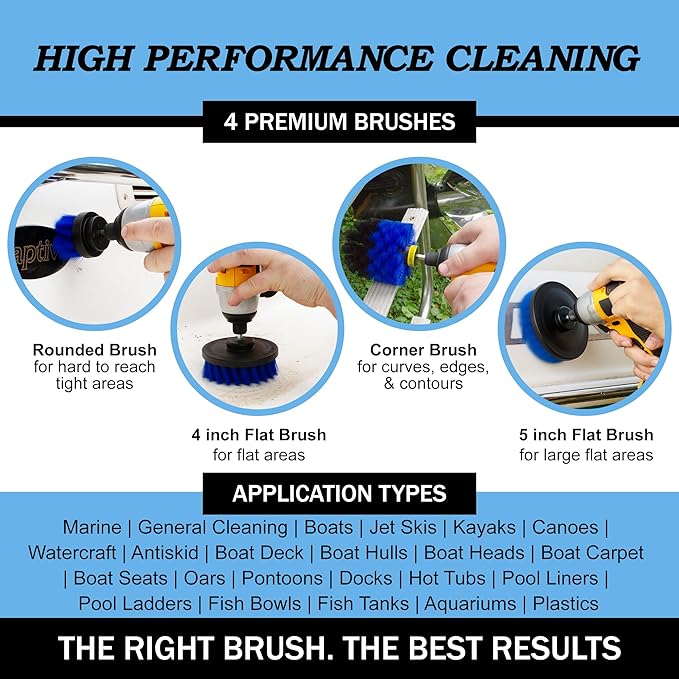 Drillbrush Boat Hull Cleaner Set/Swimming Pool Accessories - Cleaning Drill Brushes for Vinyl Liners - Hot Tubs and Spas Cleaning Brush Kit - Pool Cover Scrubber - Rotary Brushes for Walls and Deck