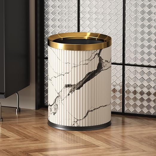 Small Fancy Bathroom Trash Can, Metal Trash Can Covered with Leather, Open Top, Hide The Garbage Bag，Bathroom, Living Room, Bedroom, Office, Bank, Hotel (12L-Ink Painting)