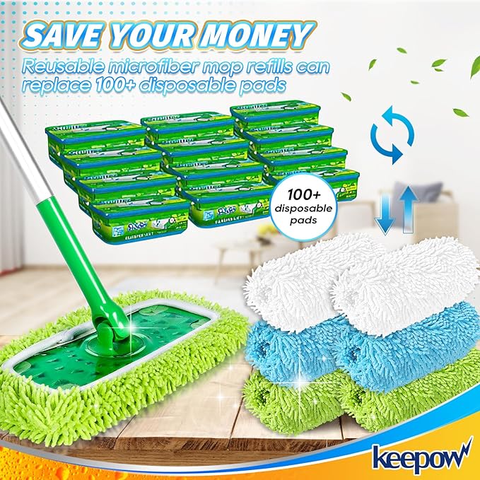 KEEPOW Reusable Microfiber Mop Pads Compatible with Swiffer Sweeper, Dry Sweeping Cloths, Washable Wet Mopping Cloth Refills for Hardwood Floor Cleaning, 6 Pack