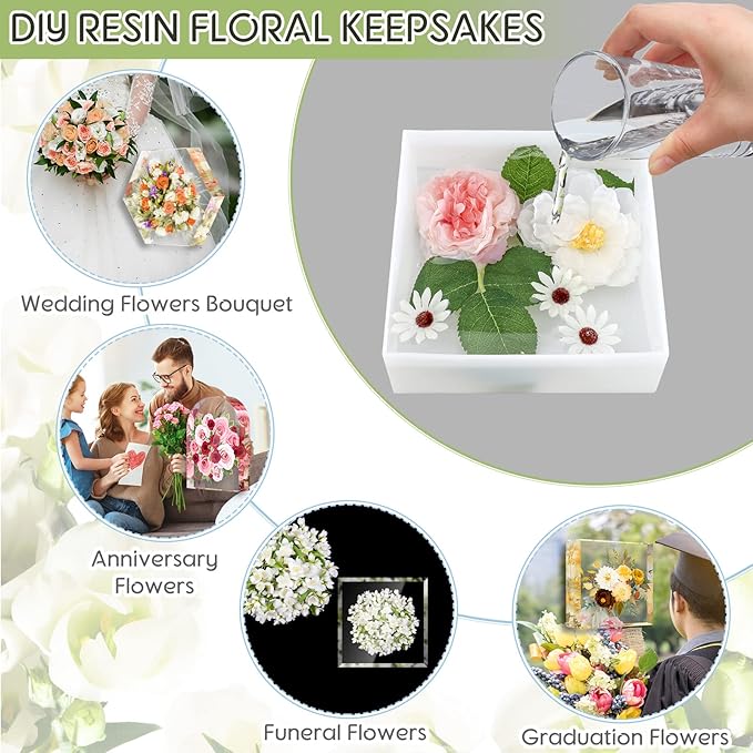 3 Pcs Large Silicone Molds for Resin Activity Hexagon Glossy Deep Square Molds with 3 Pcs Round Epoxy Resin Patterns for Flowers Preservation DIY Making