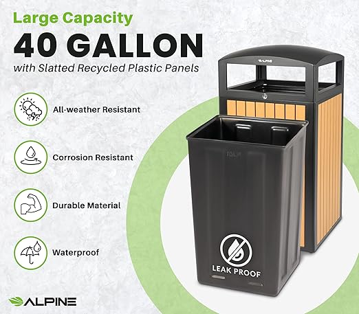 Alpine 40 Gallon Commercial Outdoor Trash Can with Lid - Modern Heavy Duty Large Outdoor Garbage Can with Durable Plastic Bin, Slatted Recycled Plastic Panels for Patio, Parks, Trails & Resorts (CD)