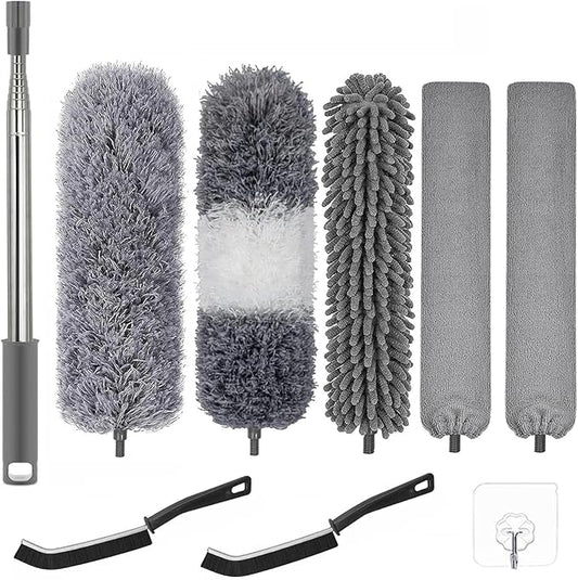 Dusters for Cleaning - 9Pcs Feather Duster Extendable Pole Up to 100'', Microfibre Feather Duster Bendable Washable Long Duster for Cleaning Ceiling Chandelier High Ceiling Furniture