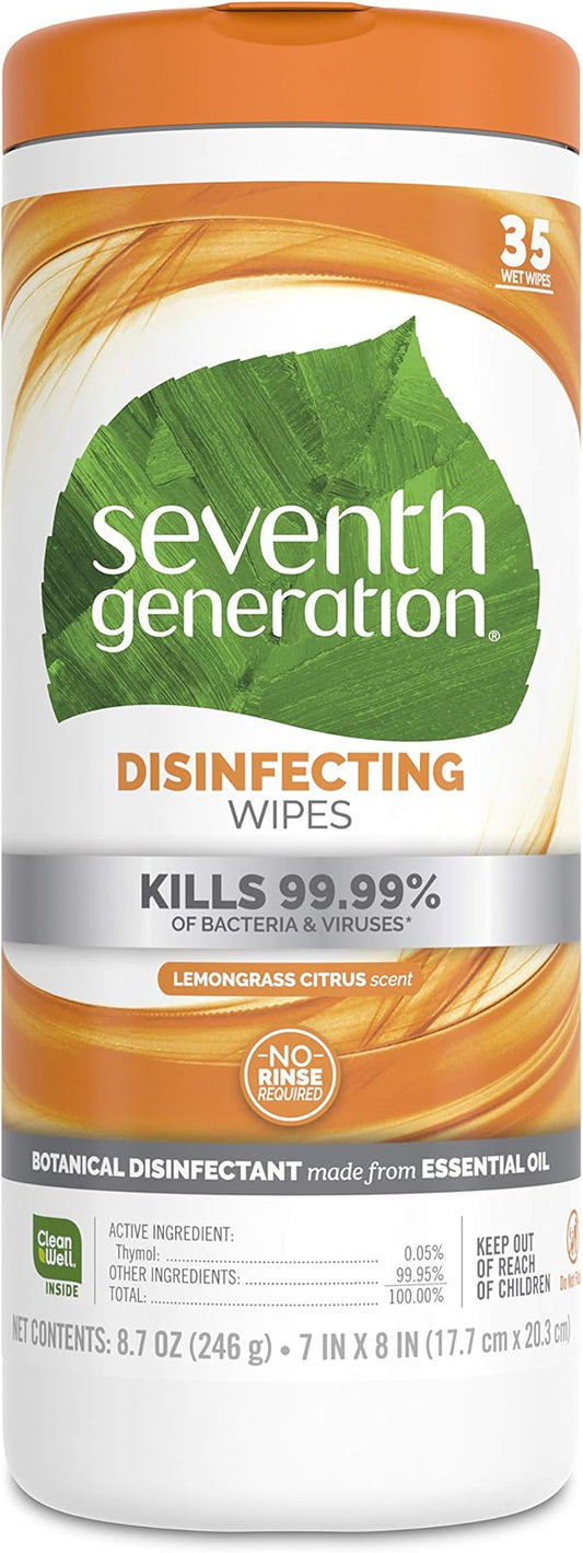 Seventh Generation Disinfecting Multi-Surface Wipes, Lemongrass Citrus Scent, 35 Wipes