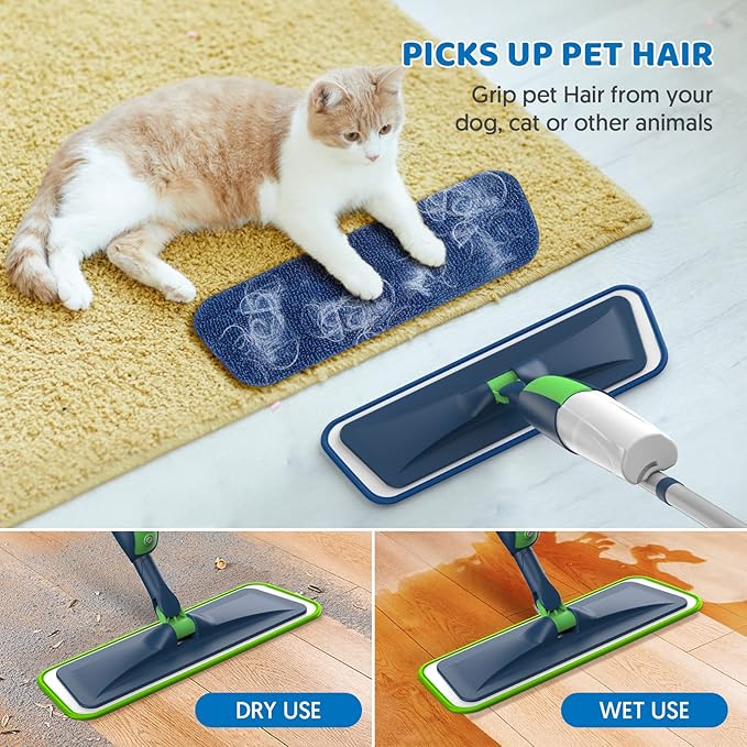 MEXERRIS Spray Wet Mops with 5X Washable Pads for Floor Cleaning, Dust Mops with 2X Bottles Commercial Home Use for Hardwood Laminate Vinyl Tiles Wood Floor, Green