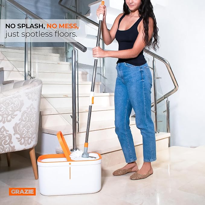 Spin Mop and Bucket Wringer 360 Microfiber Mop with Stainless Steel Handle Self Wringing Cleaning System Bucket with Drain for Tile Hardwood Laminate Floors Includes 2 Mop Head Refills Absorbent