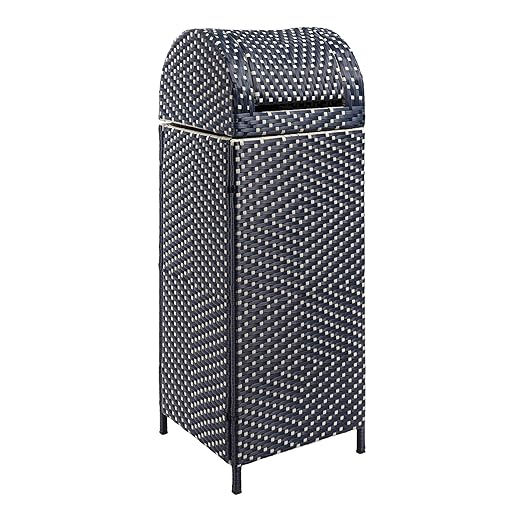 happimess HPM1202B Darla 31.39-Gallon All-Weather Wicker/Metal Swing Top Hideaway Outdoor Trash Can, Navy/White, Classic, Coastal, Casual Wastebin for Backyard, Patio, Porch, Kitchen
