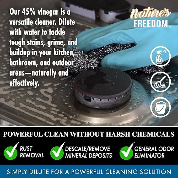 Nature's Freedom 45% Concentrated Vinegar, 1 Gallon with “How to Use Vinegar” Cleaning Book – Industrial Strength Multi-Purpose Cleaner