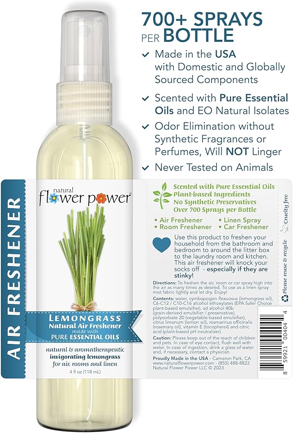 Natural Flower Power Air Freshener Spray | Lemongrass 4 Fl Oz | Pack of 3 | Scented w/ Pure Essential Oils | Non-Aerosol Plant-Based Odor Eliminator | Room, Linen, or Car Spray | Cruelty-Free & Vegan