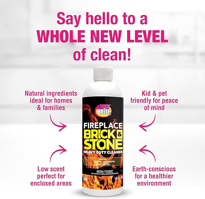 Quick N Brite Fireplace Gel Cleaner with Scrub Brush for Brick, Stone, Rock, Tile, and Marble, Nonabrasive Fireplace Cleaner, Made in the USA, 16 oz