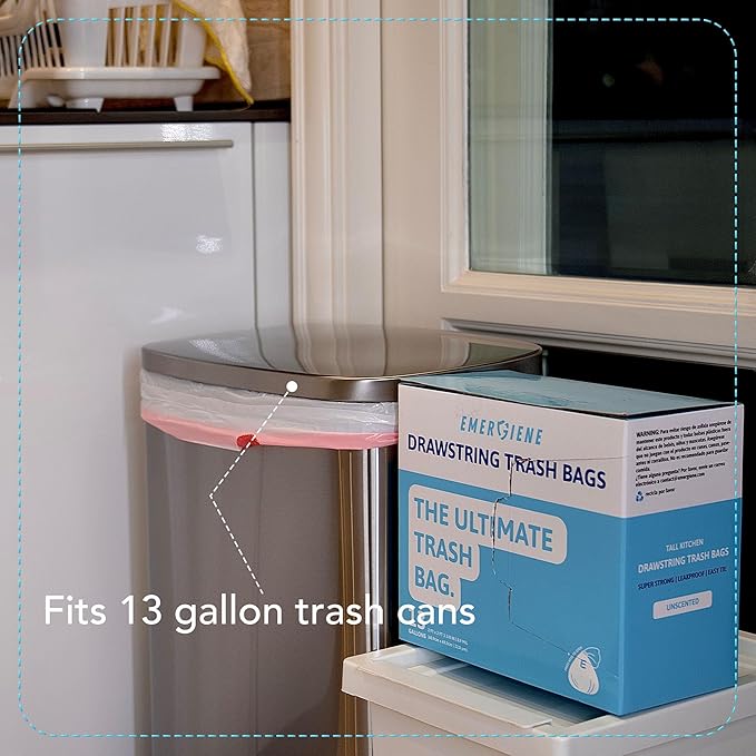 13 Gallon Drawstring Trash Bags, Unscented 200 Count Tall Kichen Garbage Bags, Pre-Separated, Ultral Strong, Leakproof, Sturdy, White