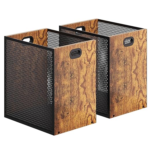 Retro Office Trash Can, Iron and Wood Combination Bedroom Garbage Can, Rectangular Design Wastebasket with Handle, Industrial Style Trash Can for Home Office, 11.02" X 7.87" X 11.81" 4.5 Gallon (2)