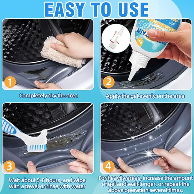 Mold Stain Cleaner Gel, 8 Fl oz Effective Washing Machine Cleaner for Front Load Washer Machine Gasket, Home Stain Cleaner Gel for Bathroom, Grout, Tile, Shower, Sink, Caulk, All-Purpose Cleaner