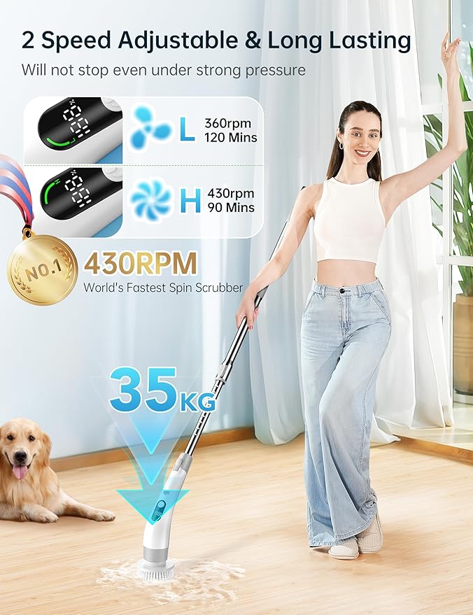 Electric Spin Scrubber with LED Display, IPX7 Waterproof Powerful Shower Scrubber, 2H Runtime, 2 Speeds, Adjustable Handle, 8 Brush Heads, Cleaning Brushes for Household Use Bathtub Tile Car