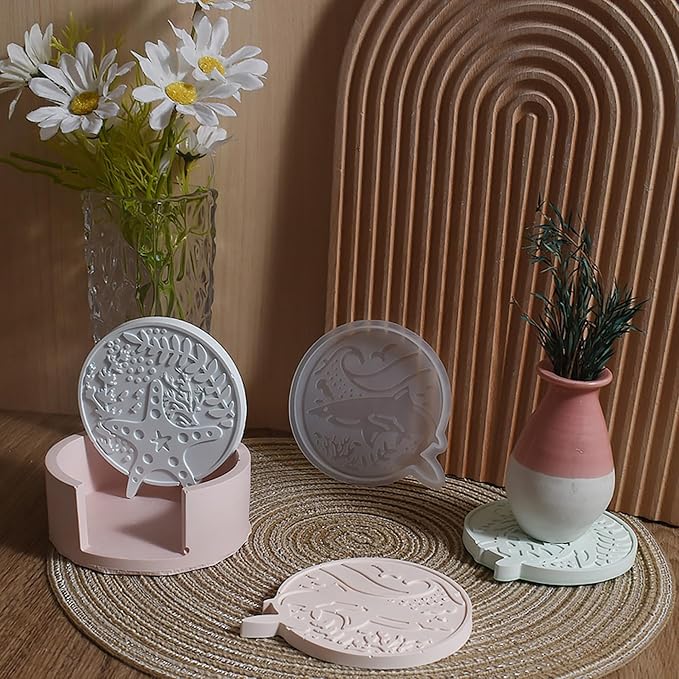 5 Pack Ocean Style Coaster Mold Set - 1 Holder + 4 Resin Casting Molds for Candle Making, Home Decor, 3D Animal Designs