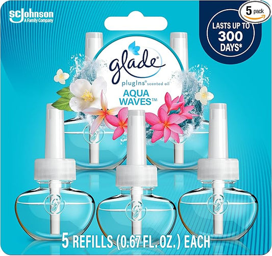 Glade PlugIns Refills Air Freshener, Scented and Essential Oils for Home and Bathroom, Aqua Waves, 3.35 Fl Oz, 5 Count