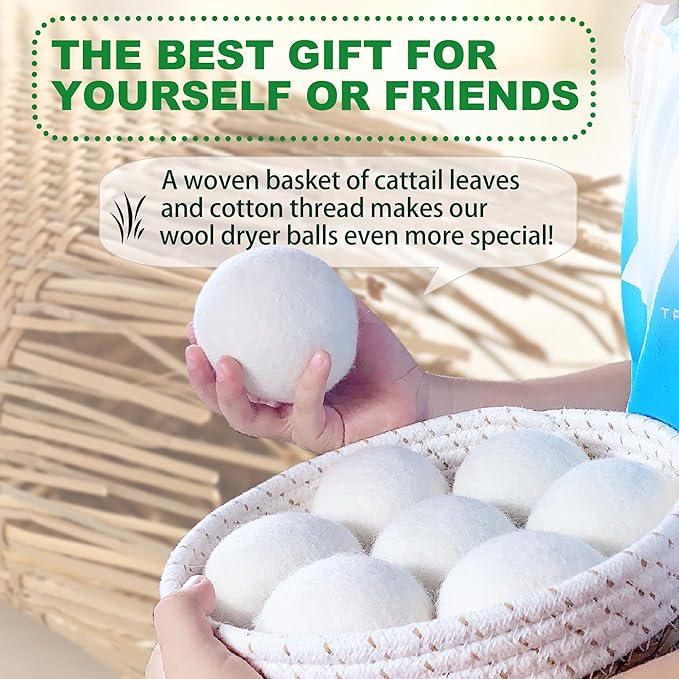 New Zealand Wool Dryer Balls | 7-Pack in Handmade Basket | Speed Up Drying & Reduce Wrinkles | Natural Reusable Fabric Softener