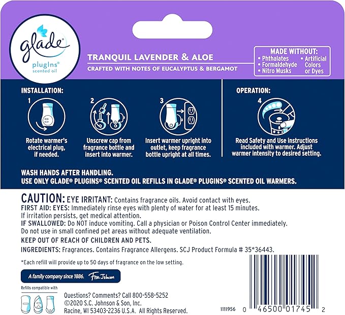 Glade PlugIns Refills Air Freshener, Scented and Essential Oils for Home and Bathroom, Tranquil Lavender & Aloe, 3.35 Fl Oz, 5 Count
