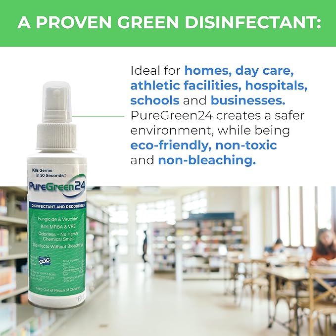 PureGreen24 Safe & Effective Disinfectant. Kills Deadly Germs including RSV COVID-19 Norovirus MRSA Staph 2025 flu Bird flu Contains no toxic chemicals odorless child & pet safe 1 4oz spray bottle