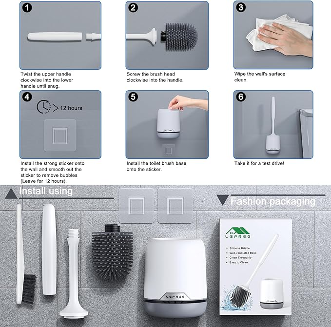 Lefree 2 Pack Silicone Toilet Brush Set with Ventilated Holder, Floor Standing & Wall Mounted Toilet Scrubber