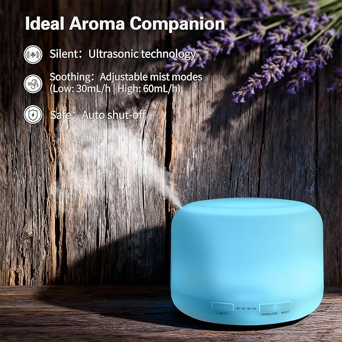500ML Essential Oil Diffuser, Humidifiers for Bedroom, Office, Scent Diffuser for Home Hotel Spa Yoga Room with Remote Control, 7 LED Colors Light, Timer and Auto-Off Switch -White Bottom
