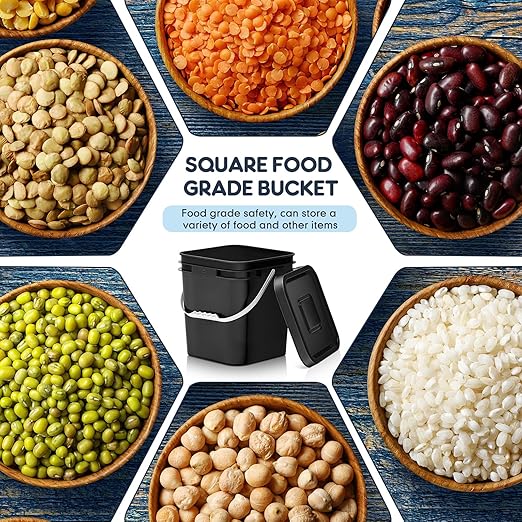 Mumufy 8 Pcs 3.5 Gallon Square Food Grade Bucket with Lid Square Bucket Pail with Plastic Handles for Storing Dry Food, Charcoal, Camping, Fishing (Black)