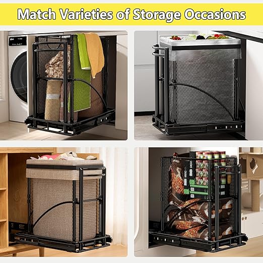 Under Sink Trash Can 7.4Gal 30Qt Pull Out Trash Can Under Cabinet ≥13" Wx17 Hx19 D, Cabinet Trash Can Pull Out Kit Sliding Garbage Bin Under Counter, with A Metal Basket (Black + Metal Basket)