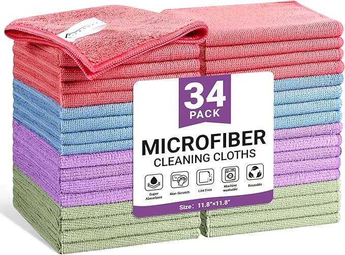Microfiber Cleaning Cloth, 34 Pack Assorted Color Cleaning Rags for Housekeeping, Colorful Reusable Microfiber Towels for Car, Kitchen, Bathroom and Household Cleaning Supplies, 11.8"X11.8"