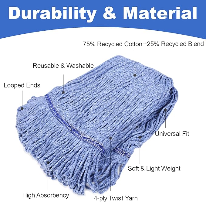 4 Pack Mop Head Heavy Duty Commercial Replacement, Wet Industrial Blue Cotton Looped End String Head Refill for General and Floor Cleaning Mop Replacement
