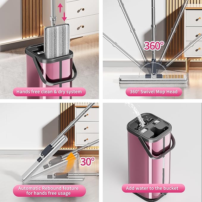 Flat Mop and Bucket for Home with Extra Refills, Stainless Steel Mop and Bucket with Wringer, Hands-Free Mop, Wet and Dry Use Mop with Long Handle (Purple)