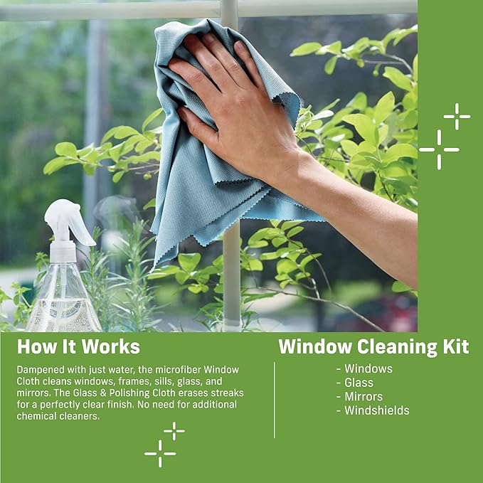 E-Cloth Microfiber Cleaning Cloth Glass Kit - Microfiber Towel Window Cleaning Kit - Microfiber Towels for Cars, Windows, Mirrors, & More - Winter Green