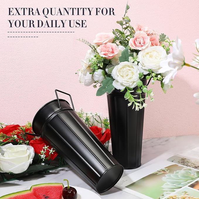 Lallisa 24 Pcs Metal Vases 9 Inch Galvanized French Farmhouse Flower Buckets with Handles and Hemp Rope, Vintage Style Flower Containers for Country Wedding Party Table Centerpiece Decor(Black)
