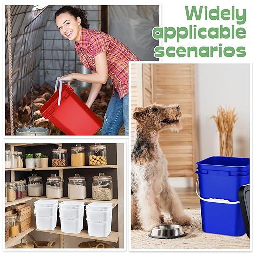 Vesici 6 Pcs 5 Gallon Food Grade Square Buckets with Lids 5 Gal Plastic Food Storage Square Bucket Heavy Duty Industrial Pail Container with DIY Label Stickers Handles for Water Painting(Multicolored)