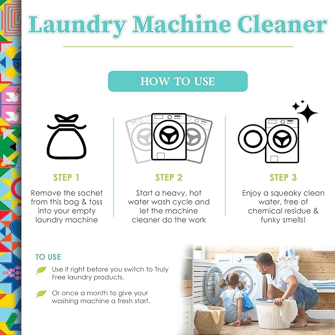 Truly Free Laundry Washing Machine Cleaner and Deodorizer | Top Load & Front Load Washer Cleaner for Grime, Mold, Odor Remover | Safe for HE Washing Machines & Septic Tanks, Non Toxic, Natural, Clean