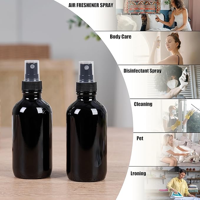 2 oz Glass Spray Bottles, Reusable Fine Mist Sprayer Small Spray Bottle, Leak-Proof Design, Perfect for Travel, Skin Care, Perfumes, Botanical, Cleansing (Black, 2oz-12pcs)